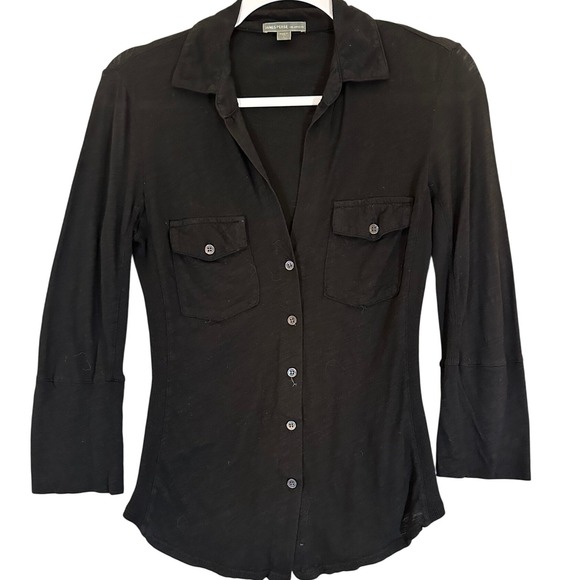 James Perse Los Angeles Black 3/4 Sleeve Button Down Shirt Sz 1, Small Fitted - Picture 1 of 8